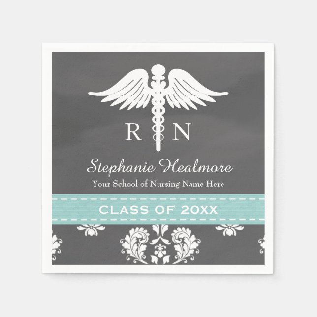 Aqua Blue Chalkboard Caduceus Nurse Graduation Paper Napkins (Front)