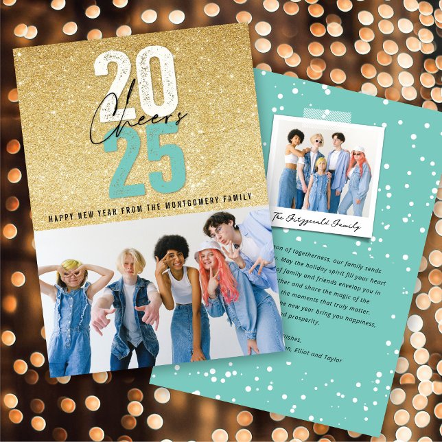 Aqua Blue Cheers 2025 Glitter Chic New Year Photo Holiday Card (Aqua Blue Cheers 2025 Glitter Chic New Year Photo Holiday Card @ fat_fa_tin)