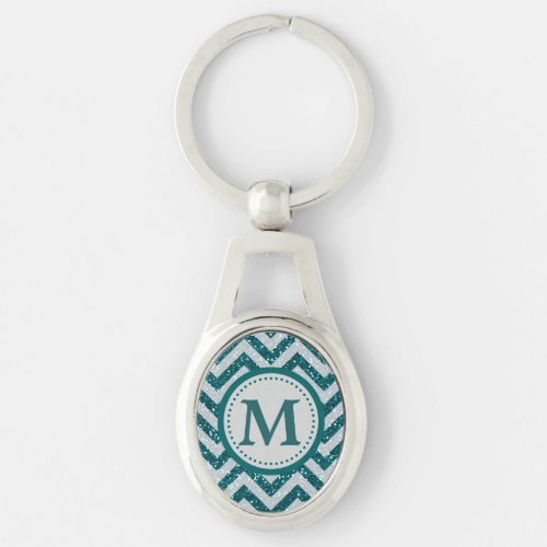 Aqua Blue Chevron Faux Glitter Monogram Keychain