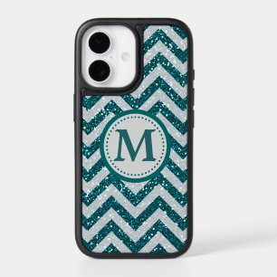 Aqua Blue Chevron Monogram Silver iPhone 17 Case
