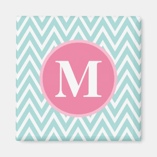 Aqua Blue Chevron Pattern Pink Monogram Magnet