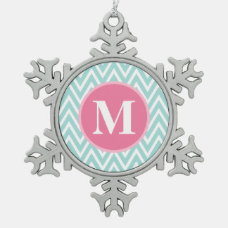 Aqua Blue Chevron Pattern Pink Monogram Snowflake Pewter Christmas Ornament