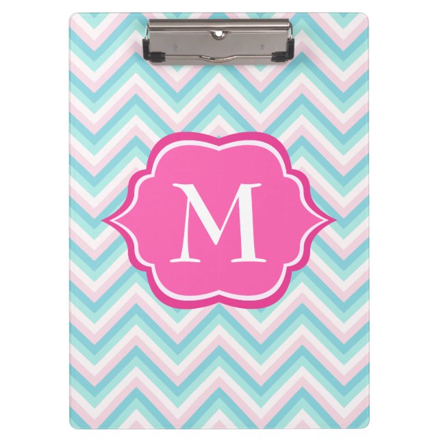 Aqua Blue Chevron Pink White Monogram Design Clipboard (Front)