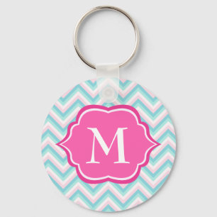 Aqua Blue Chevron Pink White Monogram Design Keychain