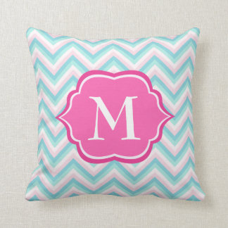 Aqua Blue Chevron Pink White Monogram Design Throw Pillow
