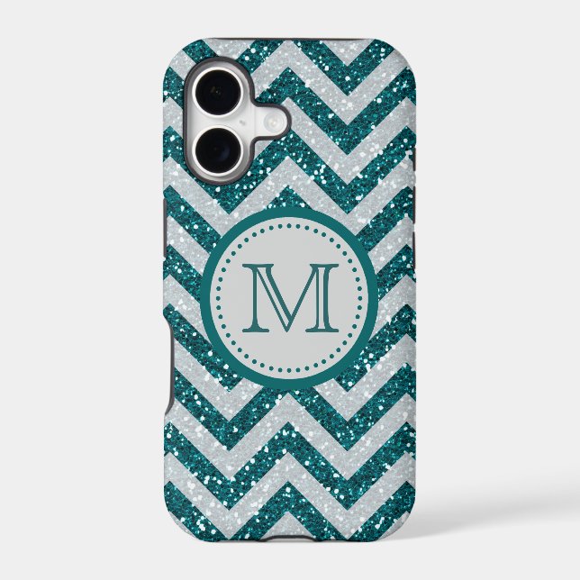 Aqua Blue Chevron Silver Glitter Monogram Case-Mate iPhone Case (Back)