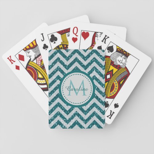 Aqua Blue Chevron Silver Monogram Poker Cards