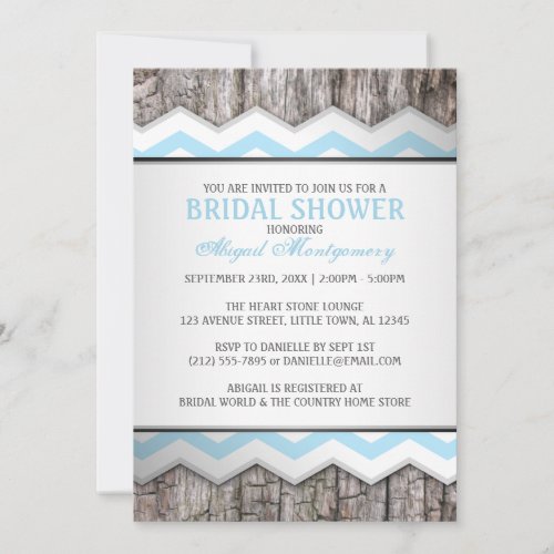 Aqua Blue Chevron &amp; Wood Rustic Bridal Shower Personalized Invitation