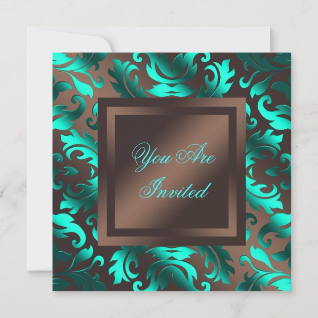 Aqua Blue Chocolate Brown Damask Party Invitation (Front)