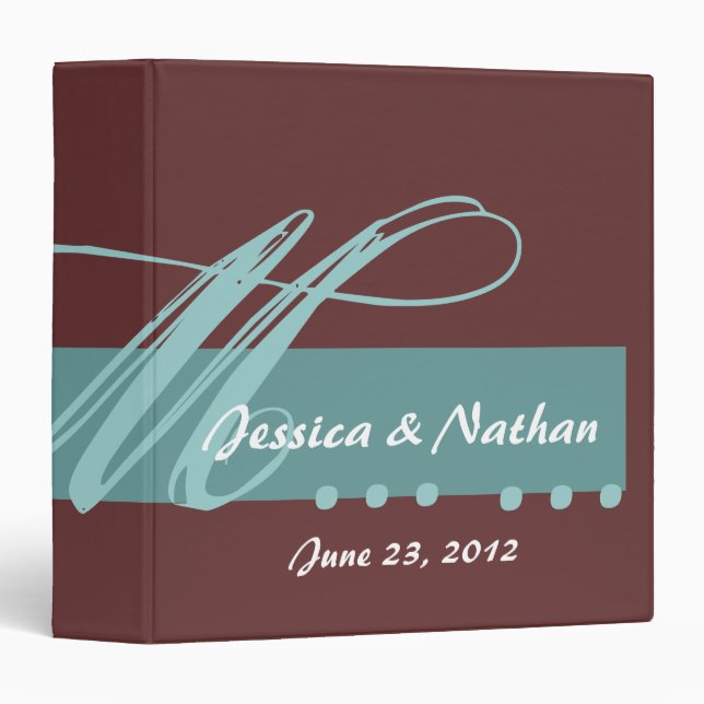 Aqua Blue & Chocolate Wedding Monogram Binder (Front/Spine)