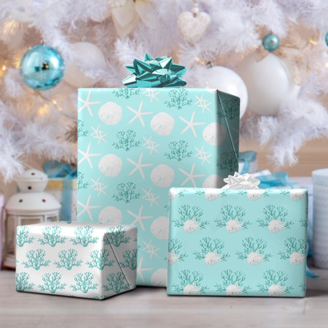 Aqua Blue Christmas Beach Starfish Sand Dollar  Wrapping Paper Sheets (Creator Uploaded)