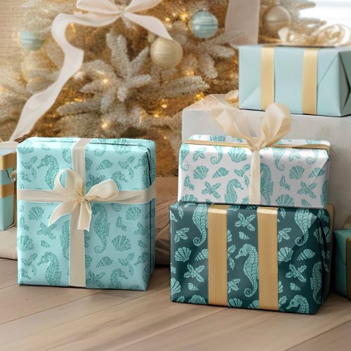 Aqua Blue Christmas Coastal Glitter Seahorses  Wrapping Paper Sheets