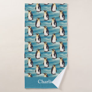 Aqua Blue Coastal Arctic Animal Penguin  Bath Towel
