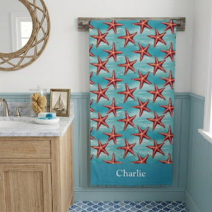 Aqua Blue Coastal Starfish Bath Towel