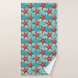 Aqua Blue Coastal Starfish Bath Towel