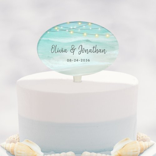 Aqua Blue Coastal String Lights Beach Wedding Cake Topper