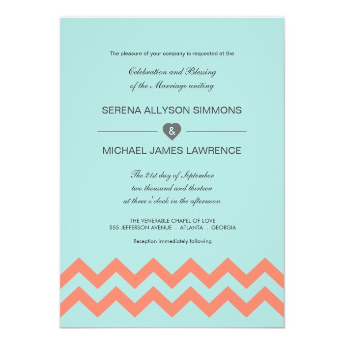 Aqua Blue & Coral Chevron Wedding Invitations