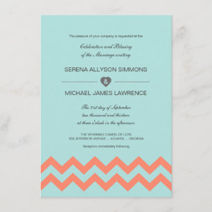 Aqua Blue & Coral Chevron Wedding Invitations