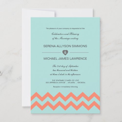 Aqua Blue &amp; Coral Chevron Wedding Invitations