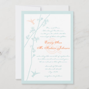 Aqua Blue Coral Flower Humming Bird Wedding Invitation
