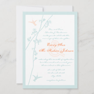 Aqua Blue Coral Flower Humming Bird Wedding Invitation