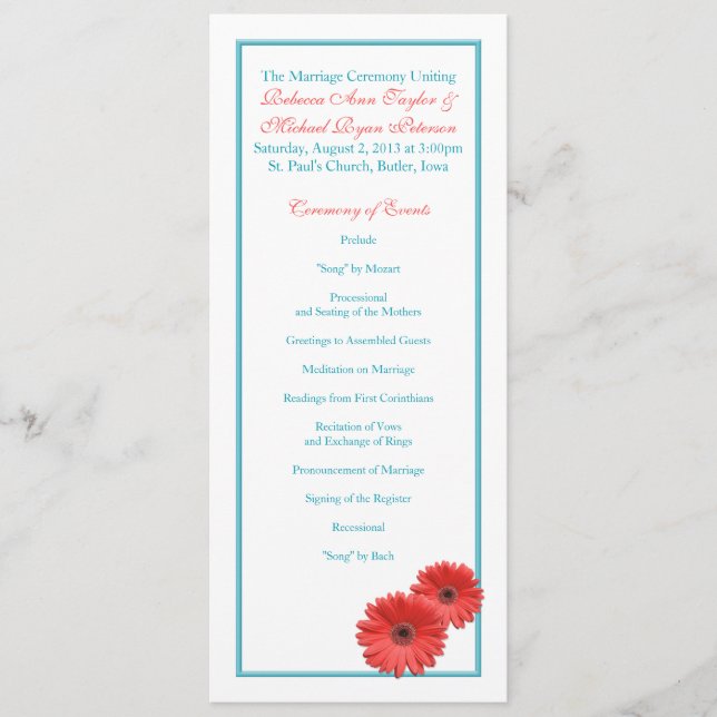 Aqua Blue Coral Gerbera Daisy Wedding Program (Front)