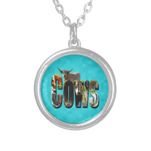 Aqua Blue Cows Picture Logo With Cows,   Silver Plated Necklace