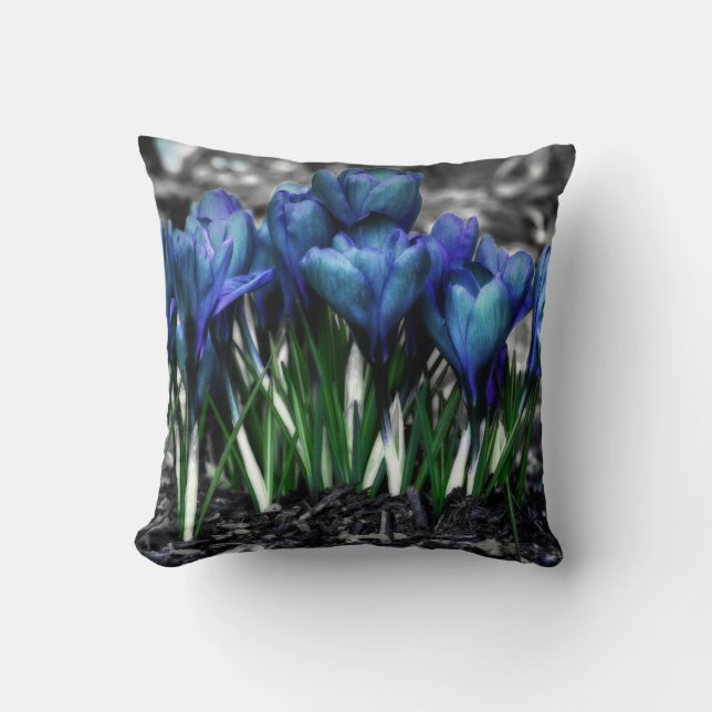 Aqua Blue Crocus Blooms Throw Pillow (Front)