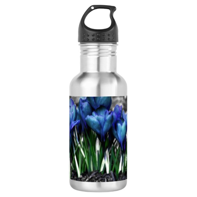 Aqua Blue Crocus Blooms Water Bottle (Front)