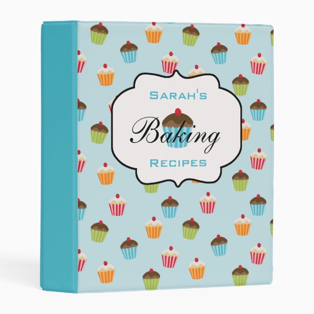 Aqua Blue Cupcake Pattern Personalized Recipe Mini Binder (Front/Spine)