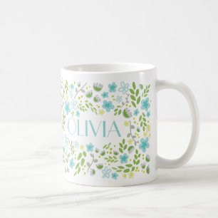 Aqua Blue Custom Name Pretty Floral Girly Mug