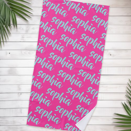 Aqua blue custom name script bold hot pink beach towel