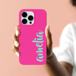 Aqua blue custom name script bold hot pink Case-Mate iPhone 14 pro max case<br><div class="desc">Pink phone cover featuring your name in an aqua blue script font on a hot pink background. Bold and colorful design.</div>