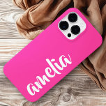 Aqua blue custom name script bold hot pink Case-Mate iPhone 14 pro max case<br><div class="desc">Pink phone cover featuring your name in a white script font on a hot pink background. Bold and colorful design.</div>