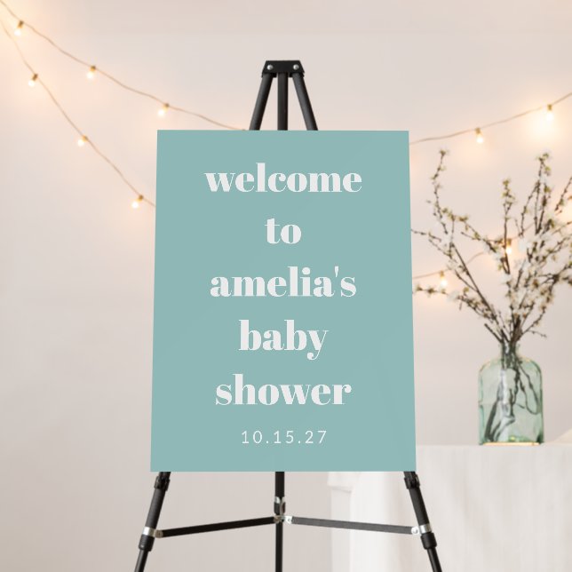 Aqua Blue Cute Custom Baby Shower Welcome Sign (In Situ (Stand))