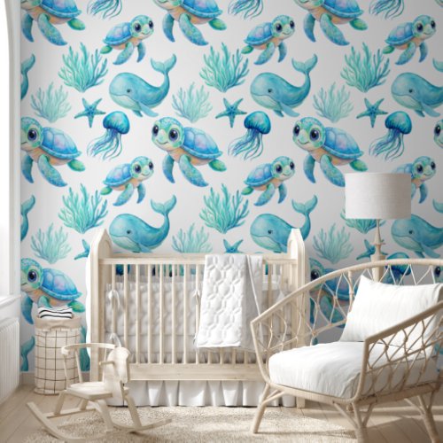 Aqua blue cute sea turtle creatures nursery art wallpaper 