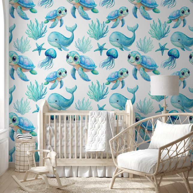 Aqua blue cute sea turtle creatures nursery art wallpaper  (Kids)