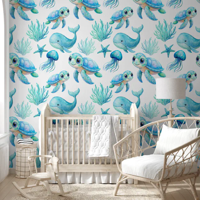 Aqua blue cute sea turtle creatures nursery art wallpaper Zazzle