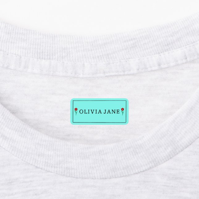 Aqua Blue Cute Simple Single Flower Custom Name Kids' Labels (Affixed)