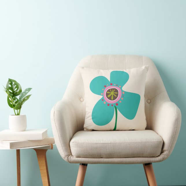 Aqua Blue Daisy Pop Cute Summer Flowers Pattern Throw Pillow (Chair)