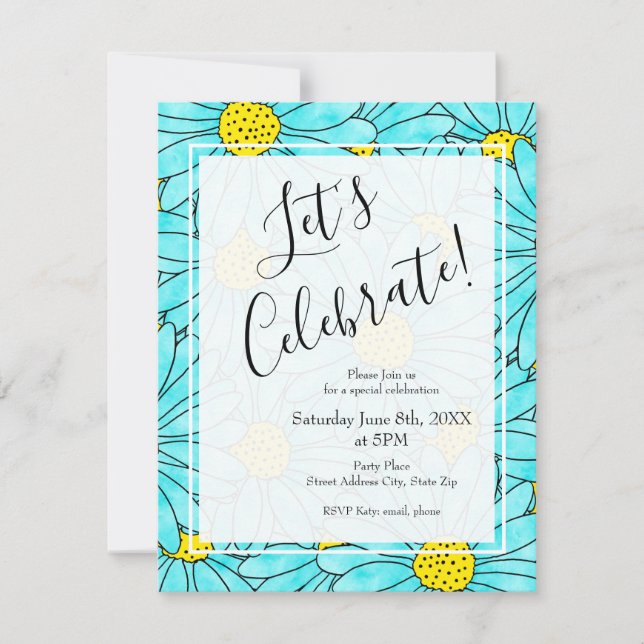 Aqua Blue Daisy Watercolor Abastract Pattern  Invitation (Front)