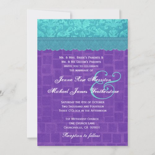 Aqua Blue Damask and Purple Wedding A004 Invitation