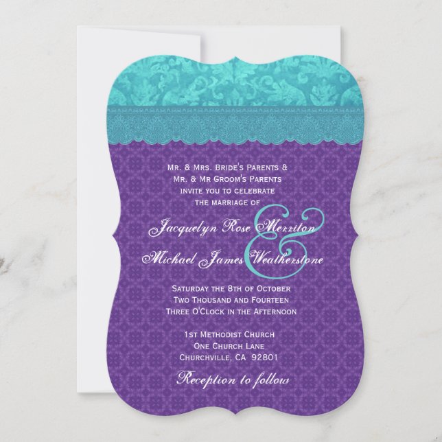 Aqua Blue Damask and Purple Wedding Template A06 (Front)
