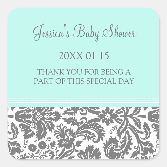 Aqua Blue Damask Baby Shower Favor Stickers (Front)