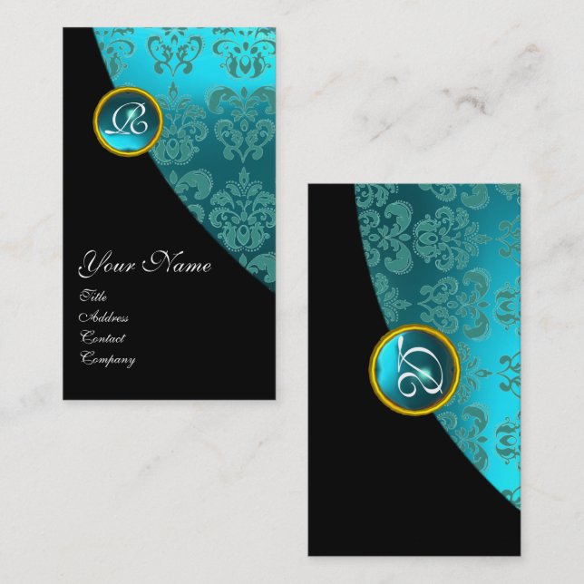 AQUA BLUE DAMASK GEMSTONE MONOGRAM Black Teal Business Card (Front/Back)