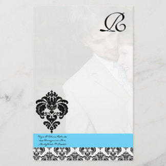 Aqua Blue Damask Monogram Wedding Stationery