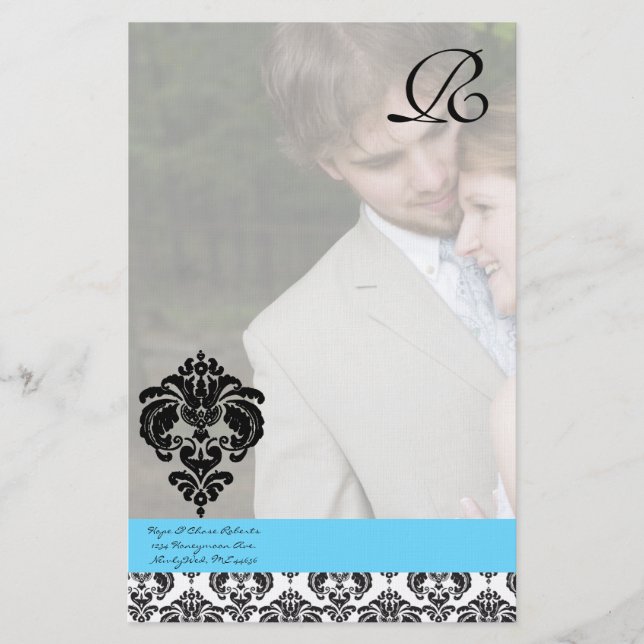 Aqua Blue Damask Monogram Wedding Stationery (Front)