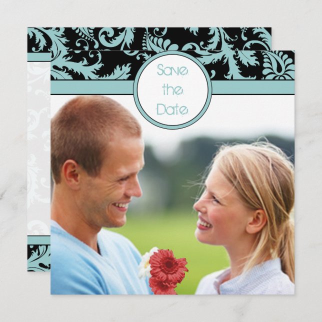 Aqua Blue Damask on Black Wedding Invitation (Front/Back)