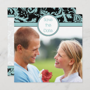 Aqua Blue Damask on Black Wedding Invitation