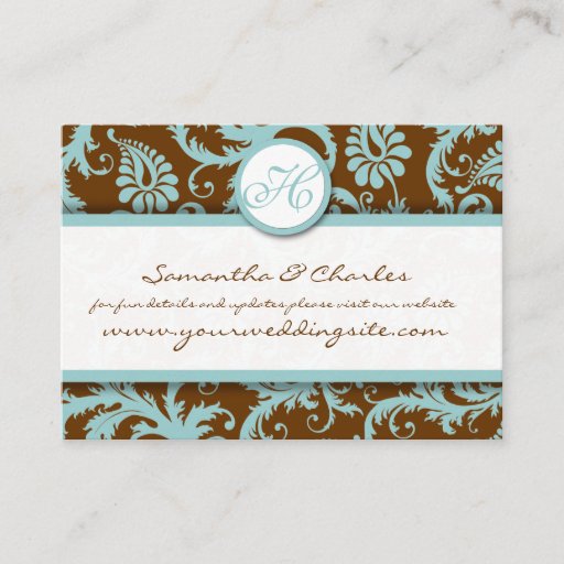 Customizable Aqua Blue Damask on Brown Damask Wedsite Cards Business Cards